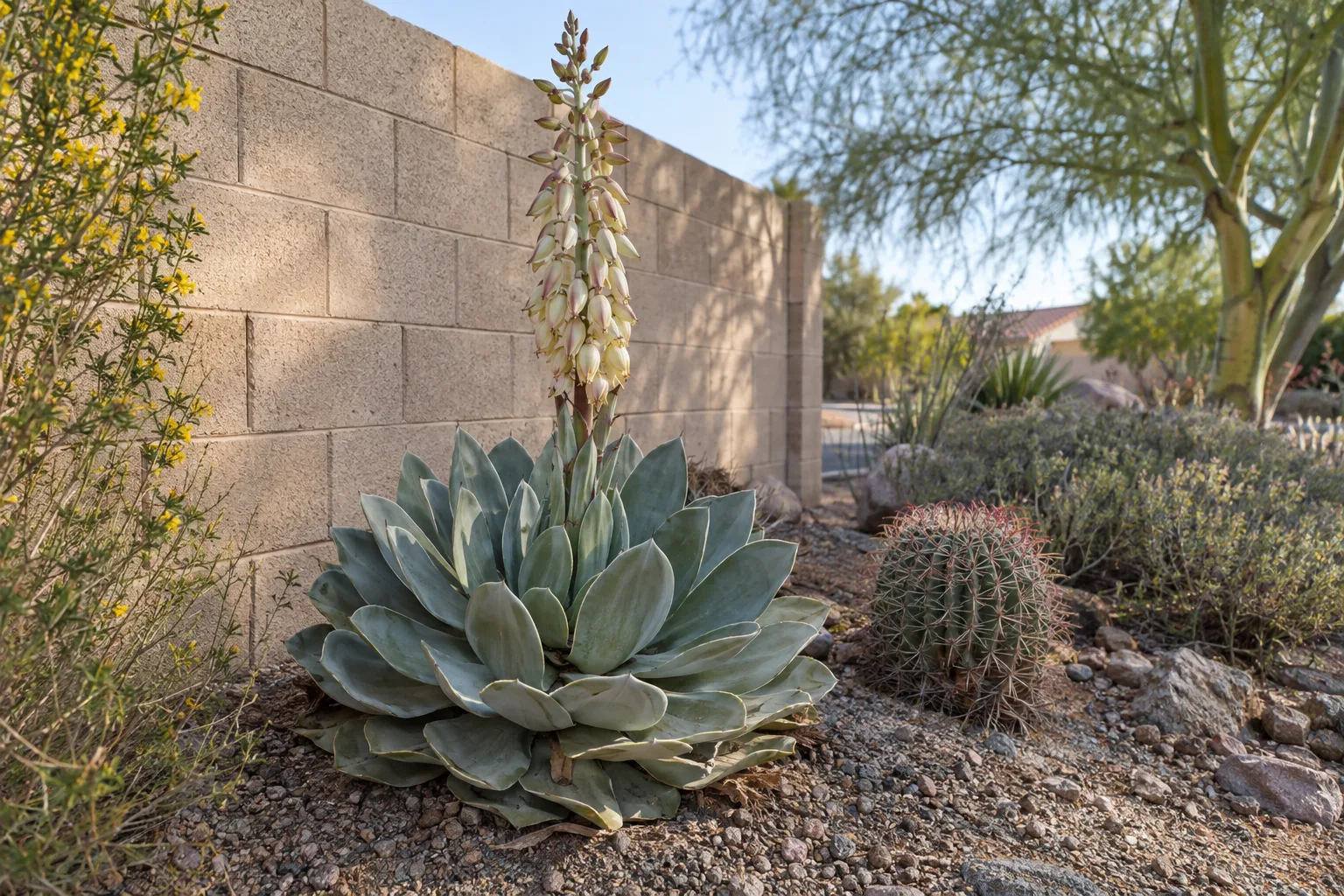 Desert spoon rosette with blue-green leaves growing beside a tan block wall