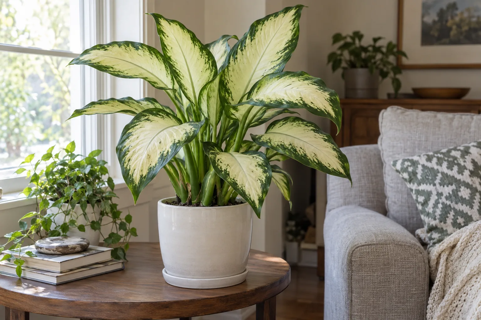 Dieffenbachia Camille with creamy white leaves edged in dark green in a ceramic pot