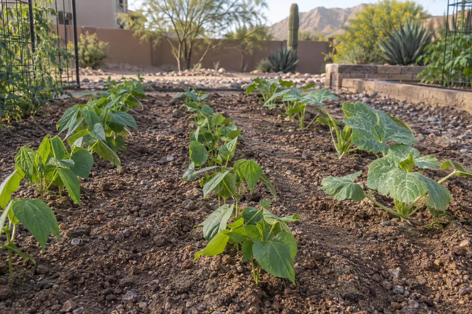 Bean and squash seedlings emerging in a row from direct-sown garden soil