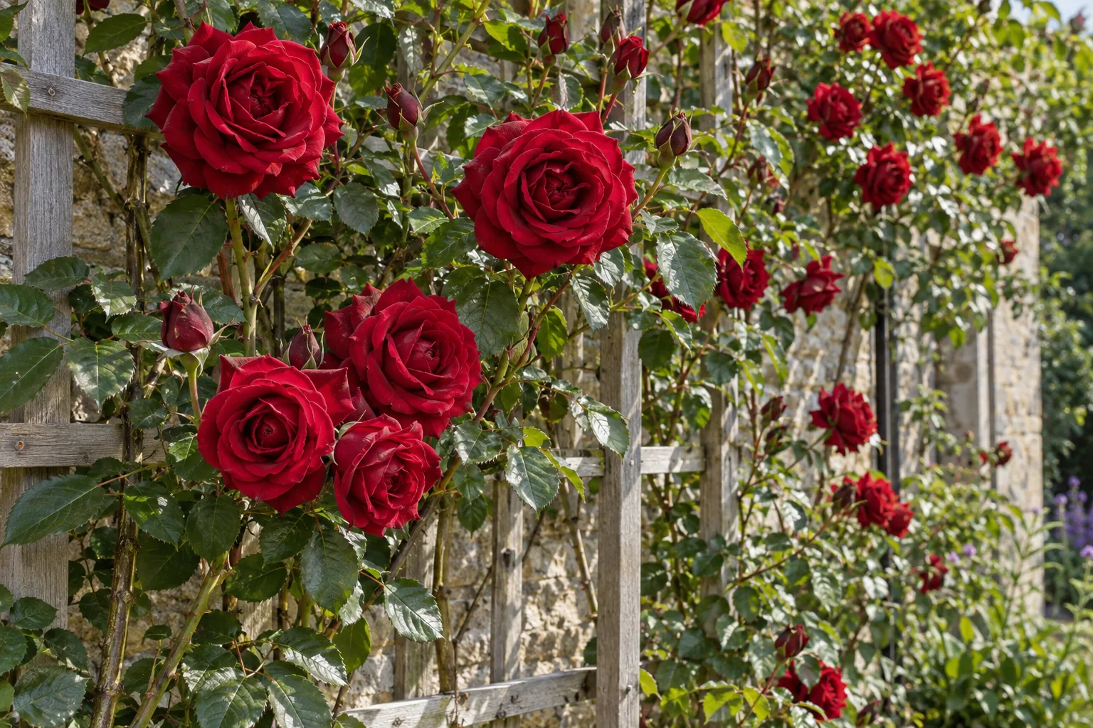Don Juan climbing rose with large velvety dark red blooms trained on a wooden trellis