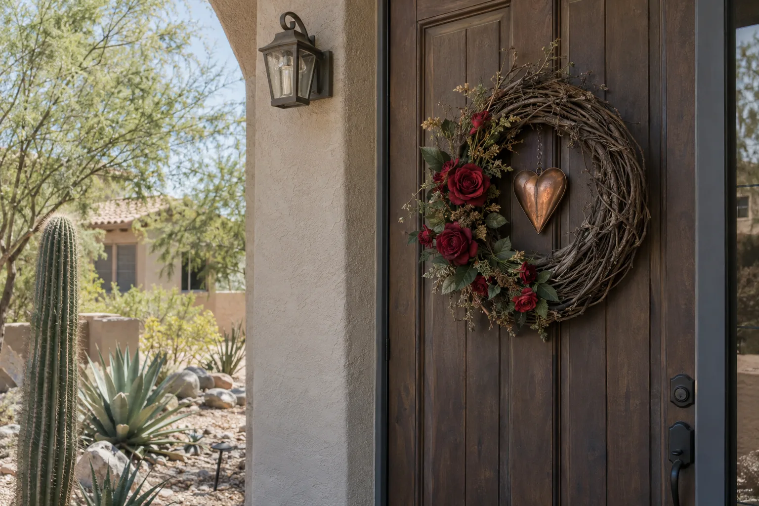 Dried grapevine wreath with red silk roses and a copper heart hanging on a light stucco door