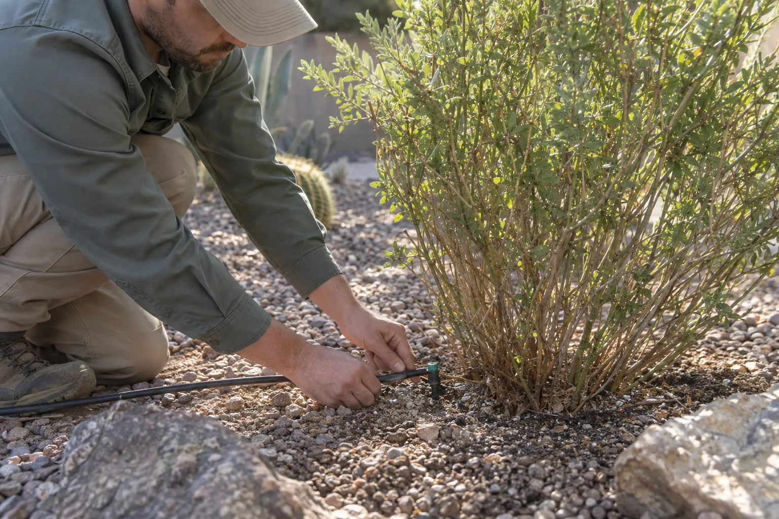 Drip emitter wetting the soil at the base of a desert shrub in gravel