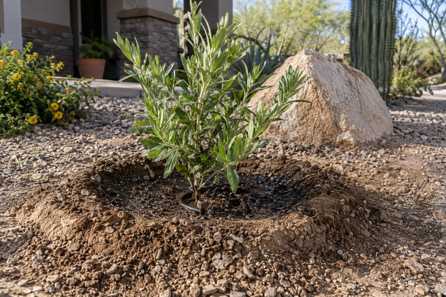 Drip emitter and soil berm around a young shrub in a desert yard