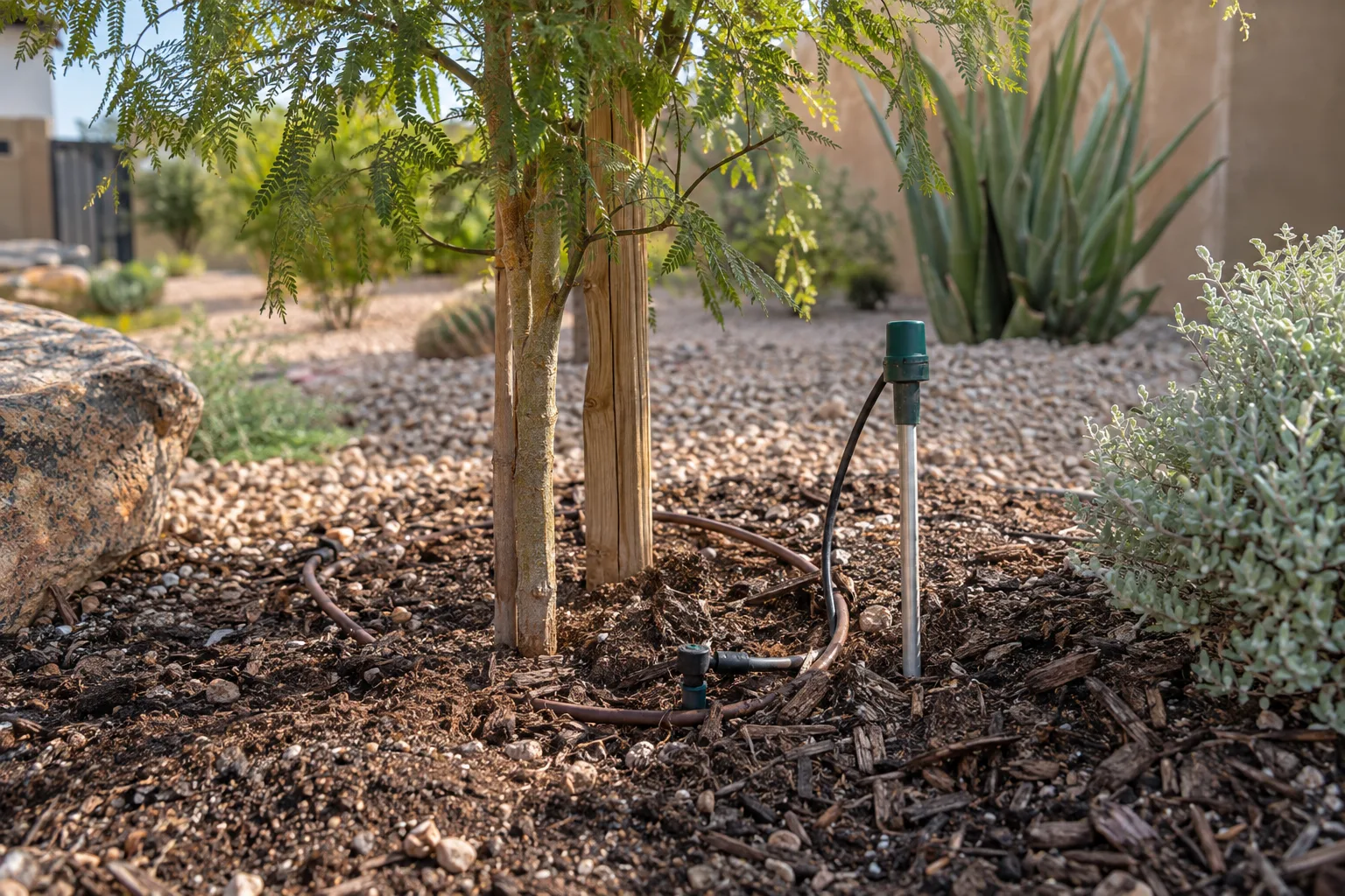 Drip emitter beside a young tree rootball with a soil probe checking moisture depth