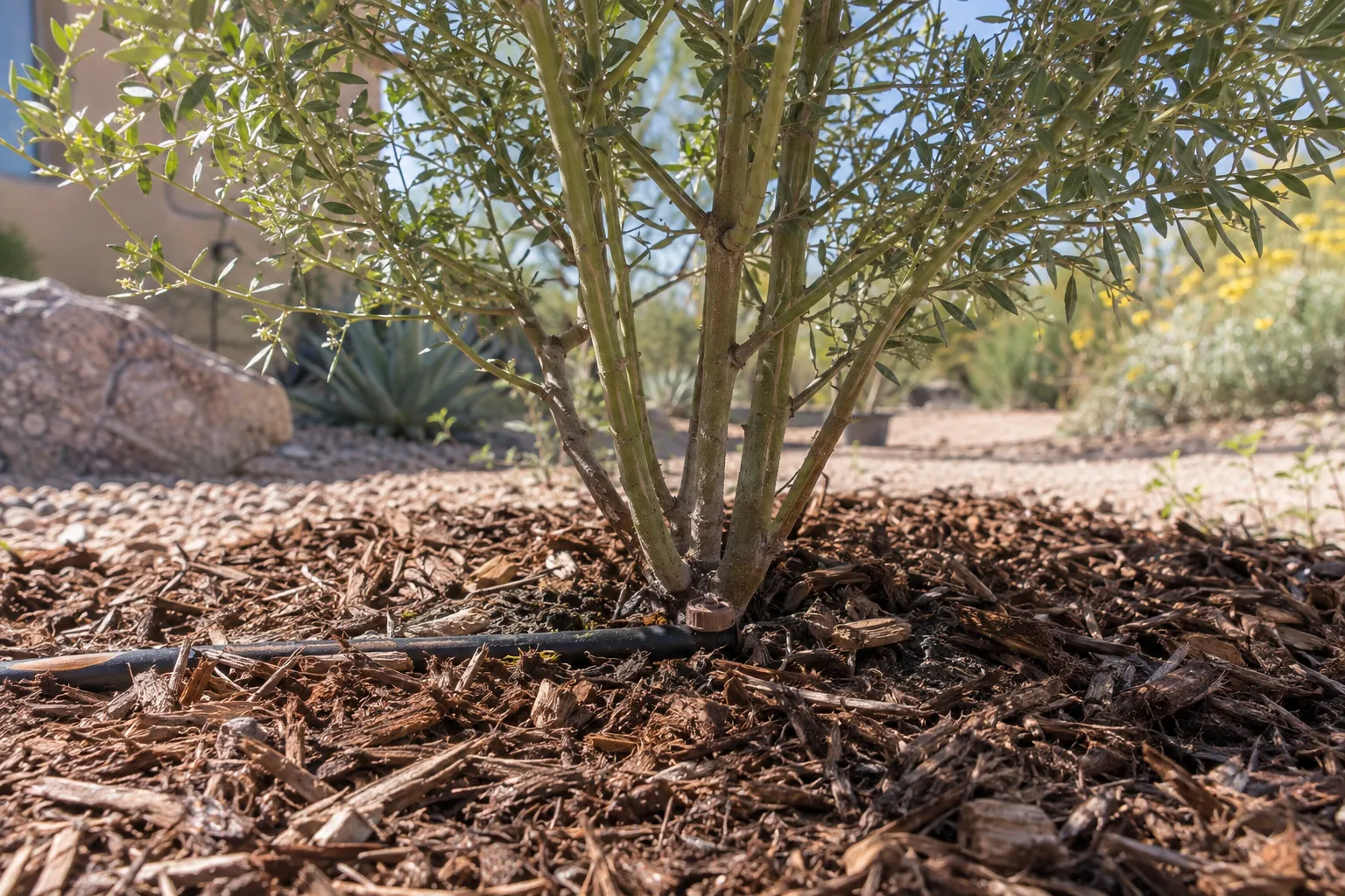 Drip emitter watering a young shrub with mulch spread around the base