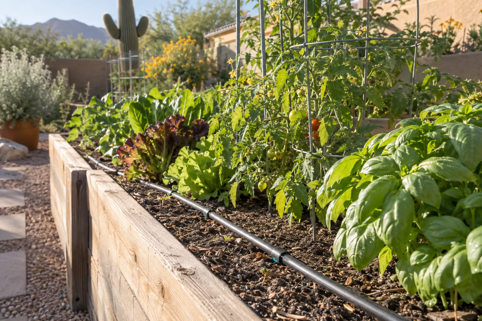 Drip irrigation tubing running along a raised vegetable bed with young tomato plants