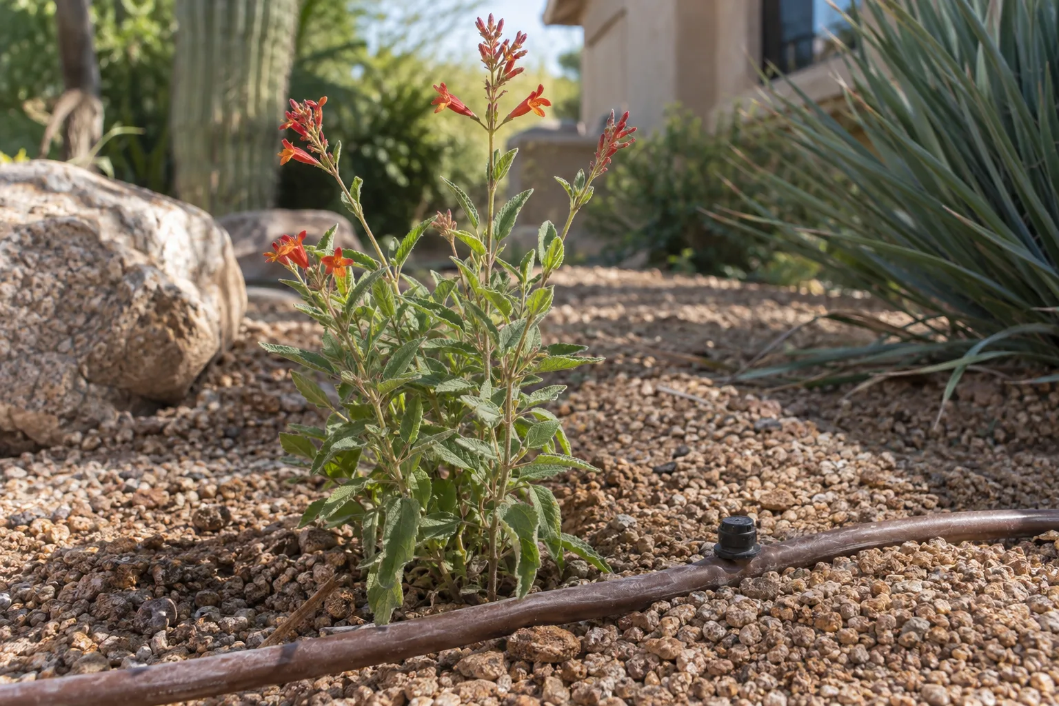 Drip emitter watering a young autumn sage at the edge of its root zone