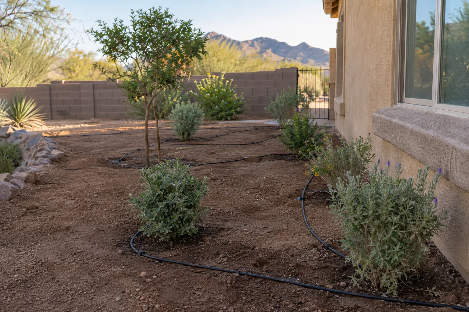Drip tubing and emitters laid across bare soil before desert plants go in