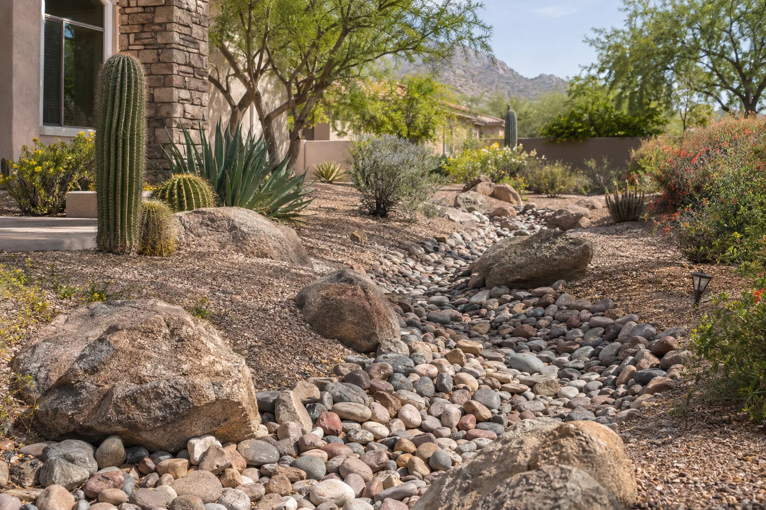 Dry creek bed of river rock and boulders curving through a gravel yard