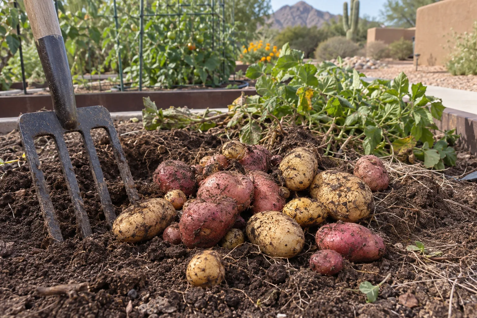 Freshly dug red and yellow potatoes resting on garden soil beside a garden fork