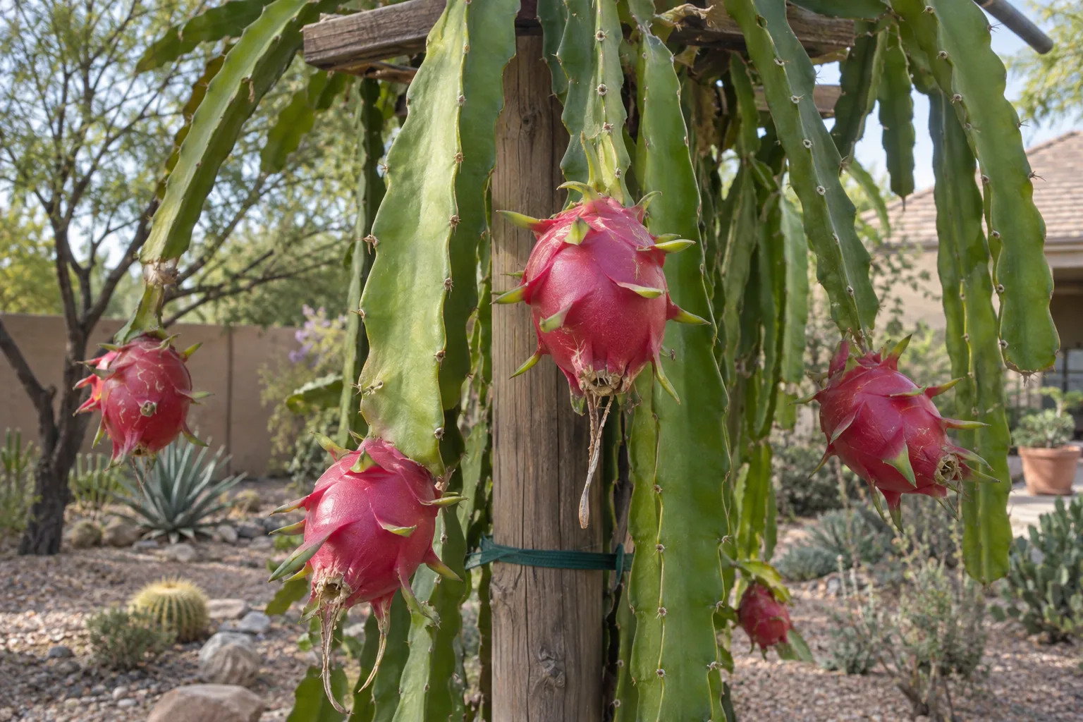Edgars Red dragon fruit cactus on a trellis with green three-angled stems and ripe deep red fruit