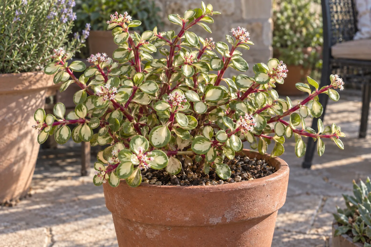 Elephant food Medio-picta with pinkish-red stems and cream-centred green leaves in a terracotta pot
