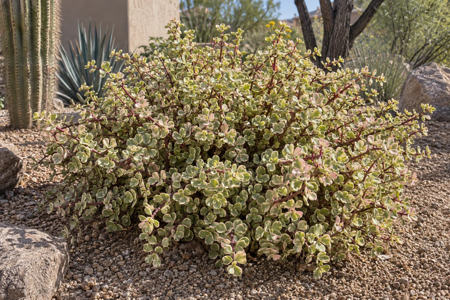 Variegated elephant food shrub with small cream-edged green leaves on reddish stems in a gravel bed