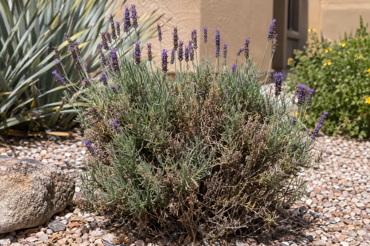 English lavender with browned woody stems in gravel after a hot low desert summer