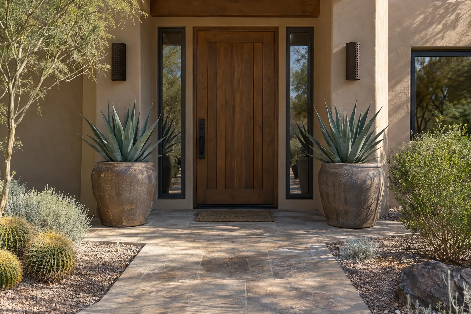 Matching pots with agave on either side of a front door in Queen Creek