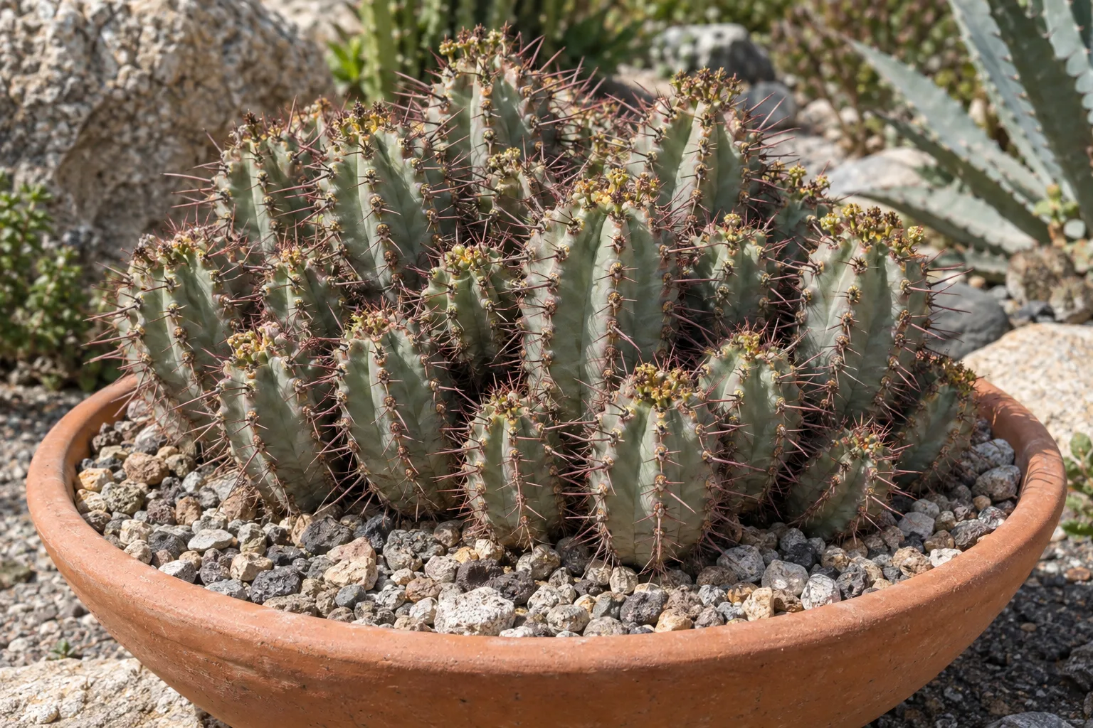 Euphorbia ferox cushion of short stout grey-green stems with long reddish-purple spines in a pot