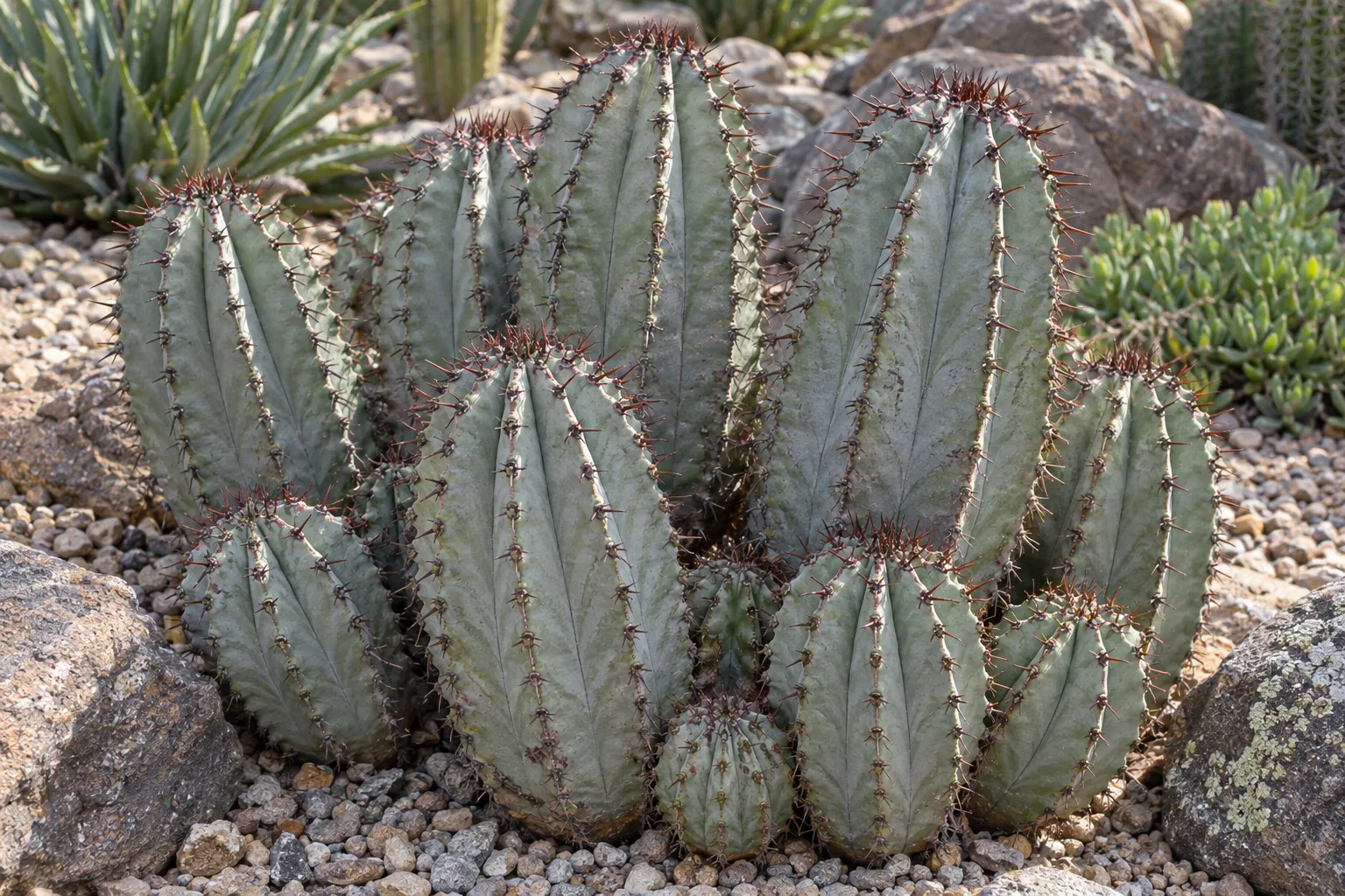 Euphorbia horrida cluster of grey-green deeply ribbed spiny barrel-like stems in a rock garden