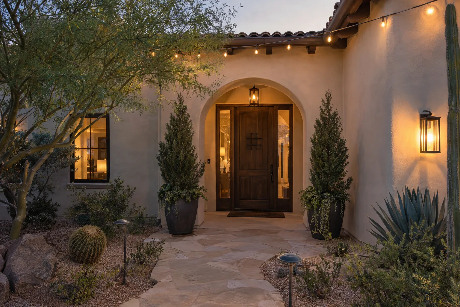 Pair of fresh evergreen arrangements with string lights flanking a stucco entry at dusk