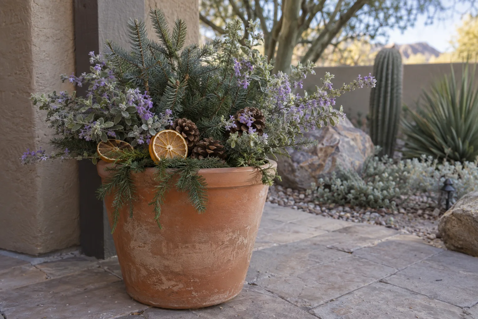 Terracotta pot with fir branches, silver Texas sage sprigs, dried orange slices and pinecones