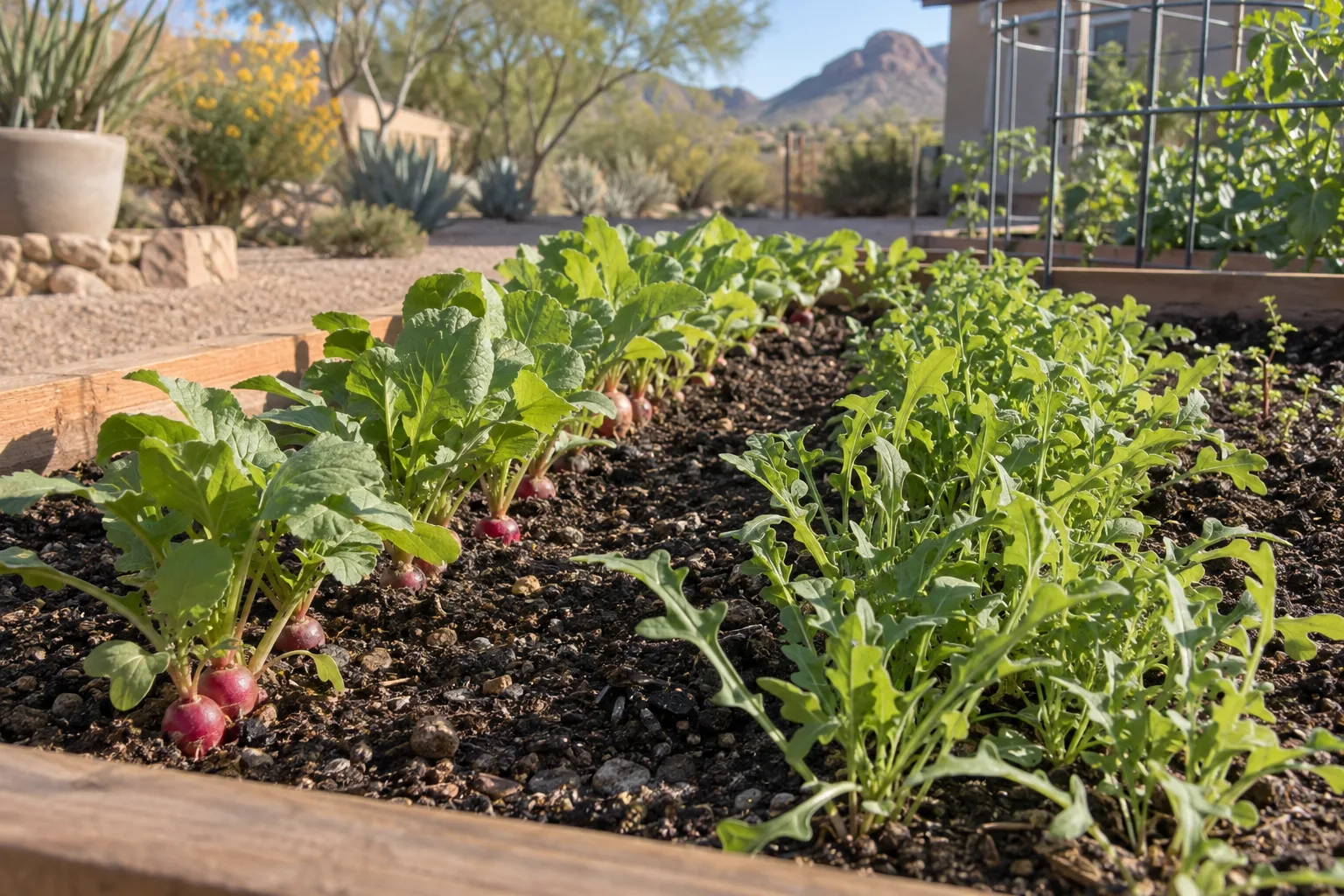 Rows of young radishes and arugula growing in a raised bed in morning sunlight