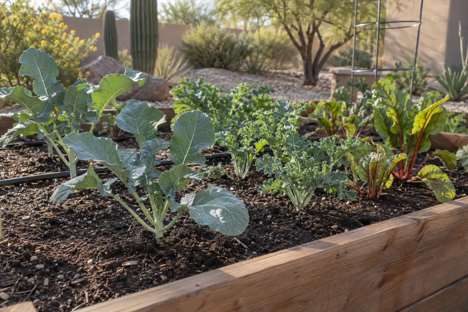 Young broccoli, kale and chard transplants growing in a raised garden bed in early morning