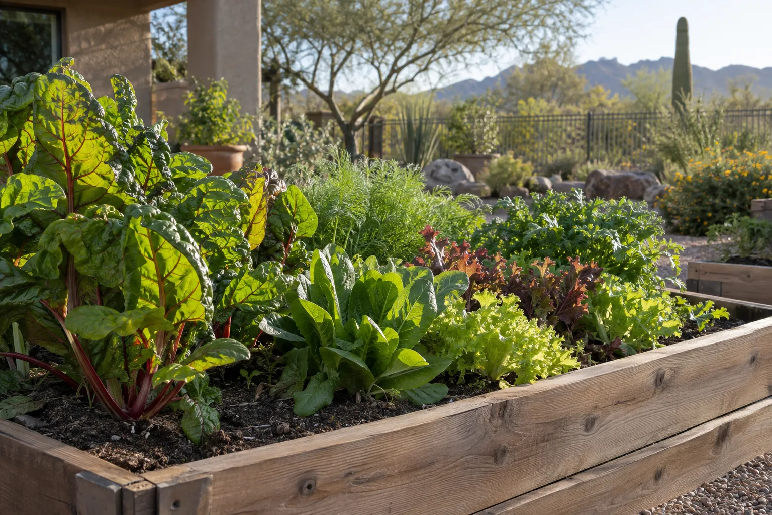 Rows of lettuce, arugula and kale growing in a raised bed on a winter morning
