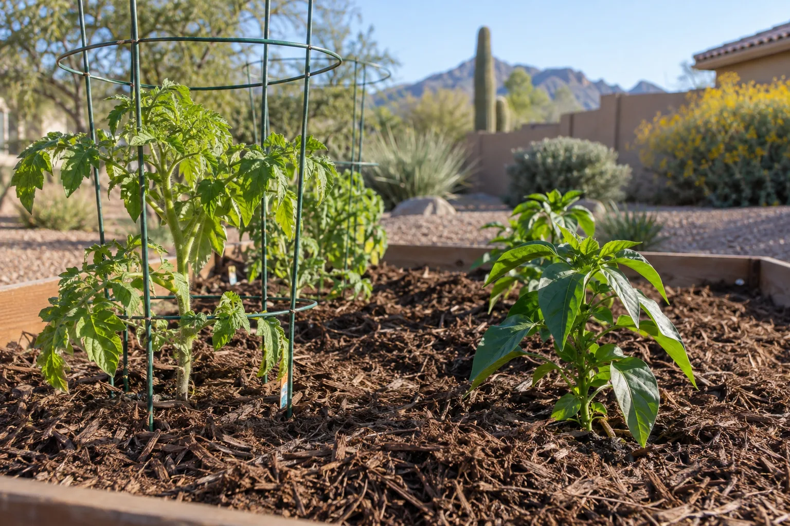 Young tomato and pepper transplants in a mulched raised vegetable bed with drip line