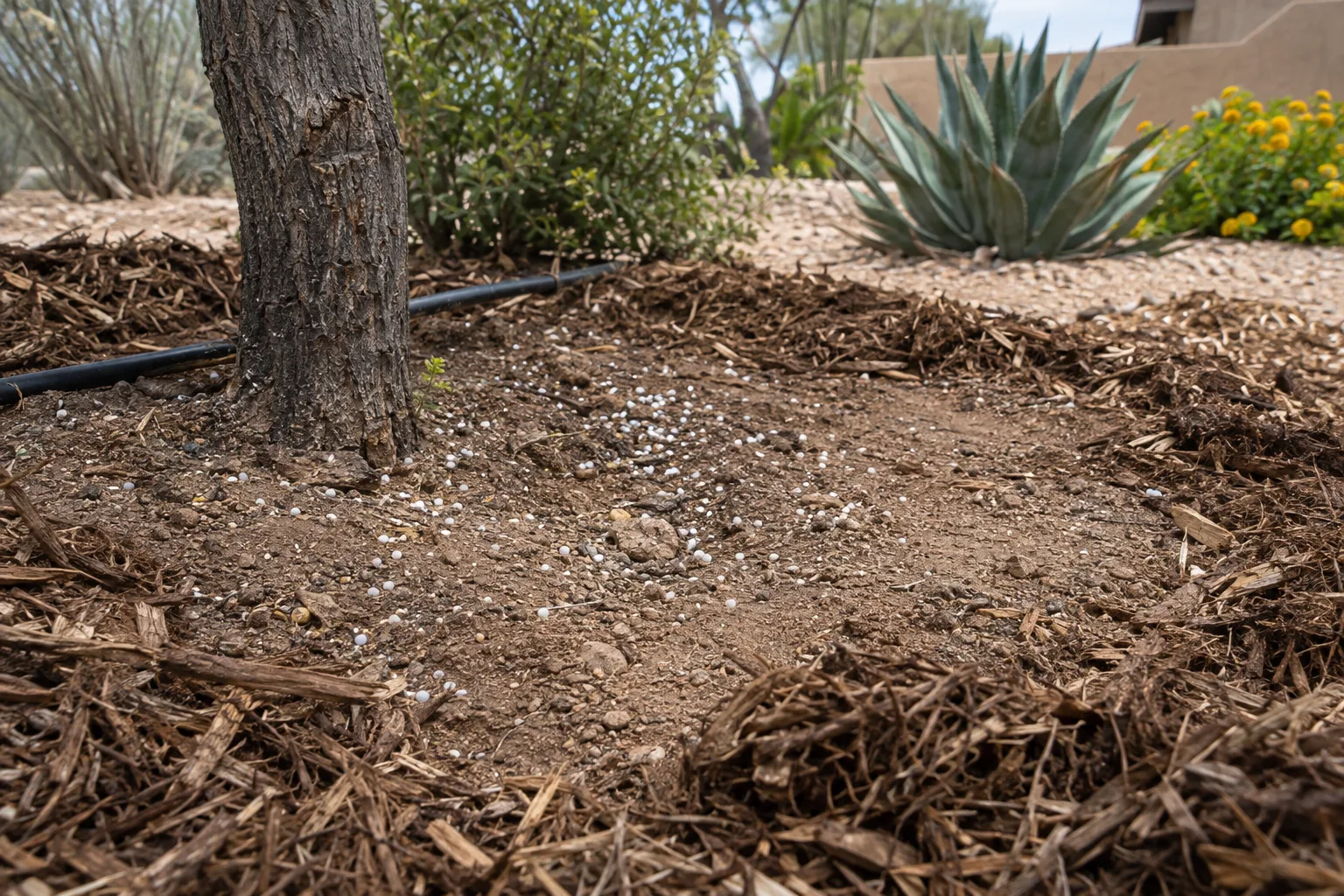 Granular fertilizer scattered on bare soil at a tree's drip line with mulch pulled back
