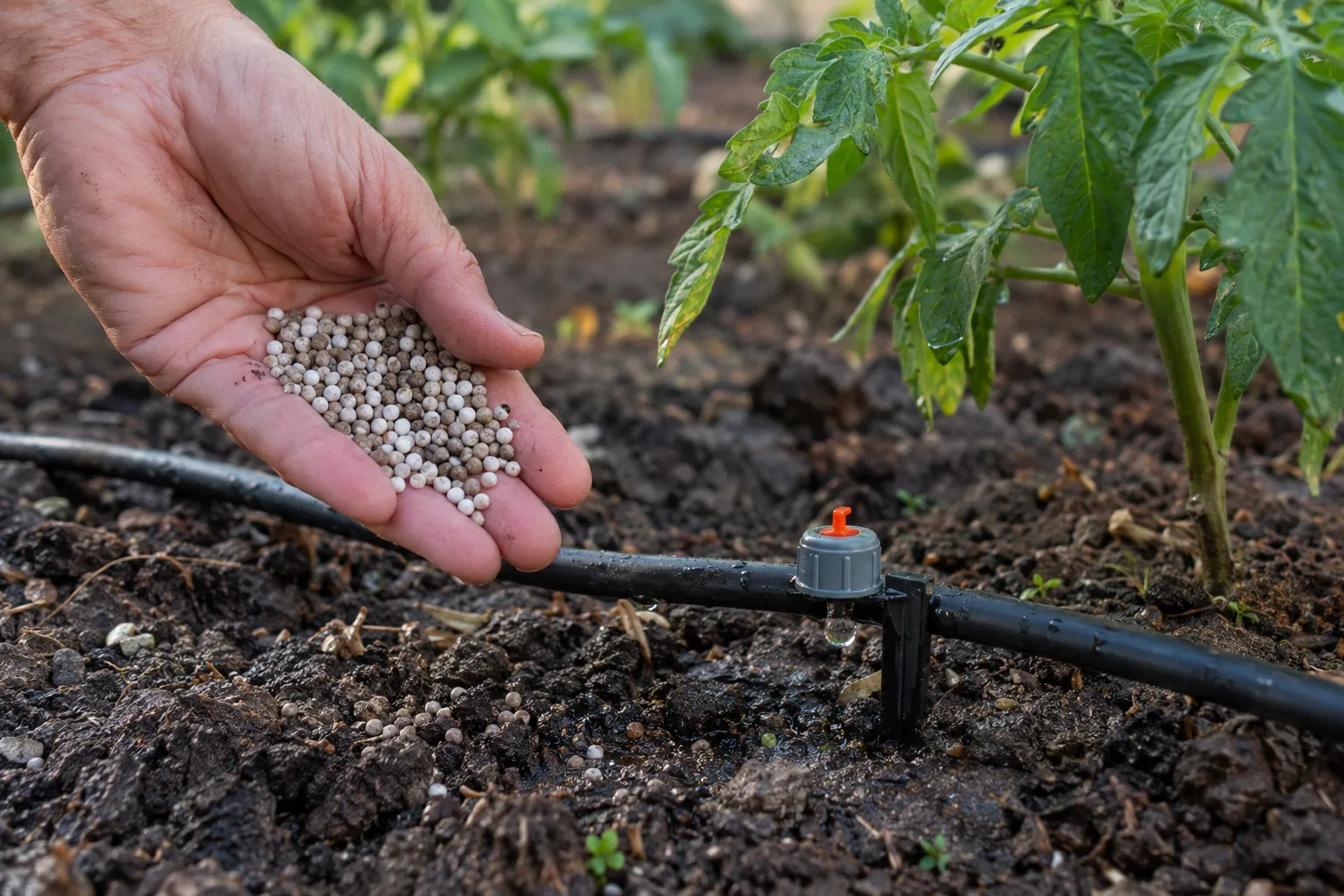 Hand holding fertilizer granules next to a drip emitter on freshly watered soil