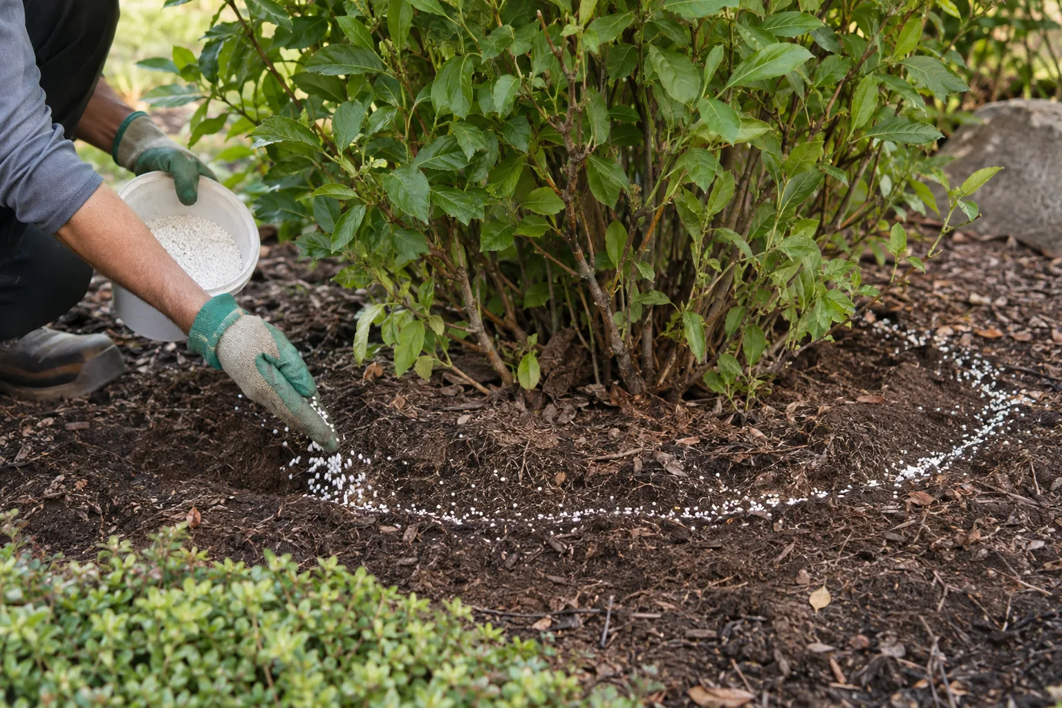 Gardener spreading granular fertilizer on moist soil in a ring around a young shrub