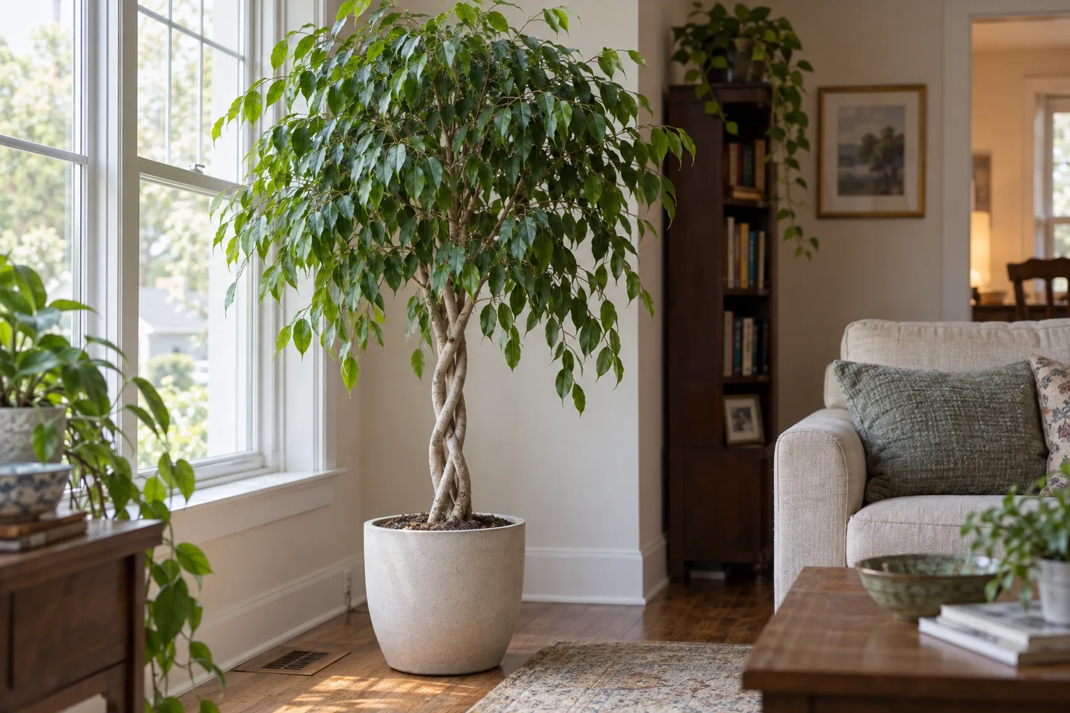 Braided ficus benjamina with a plaited trunk and weeping canopy of small glossy leaves