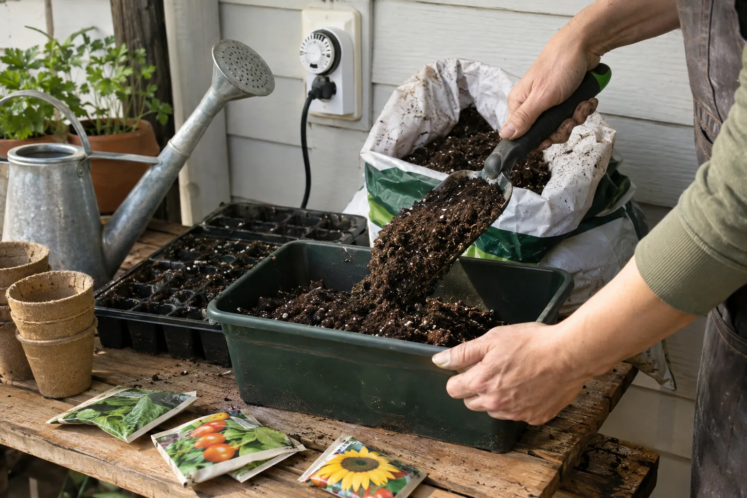 Hands filling a pot with potting mix next to seed packets and a plug-in timer