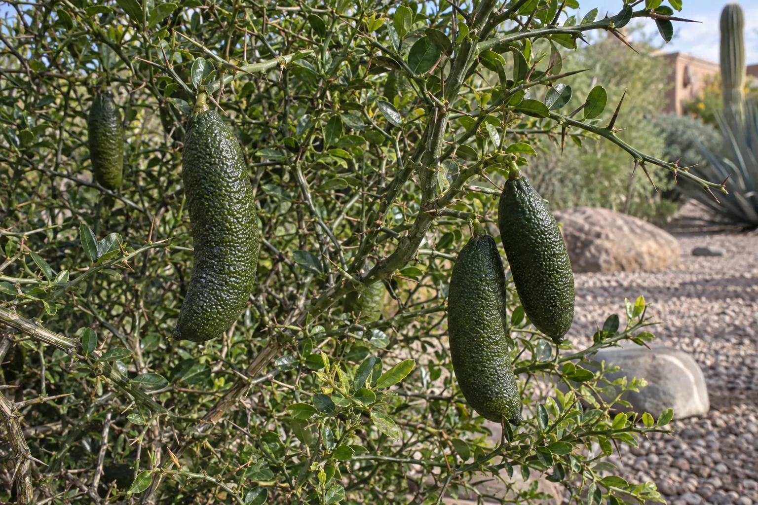 Finger lime shrub with slender finger-shaped dark green fruit, small leaves and thorny twigs