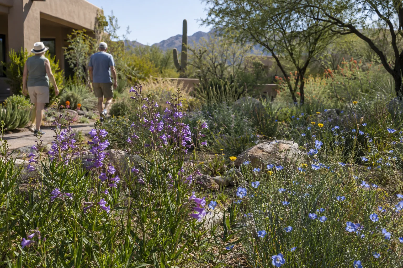 Native wildflower meadow with penstemon and blue flax blooming under a bright mountain sky