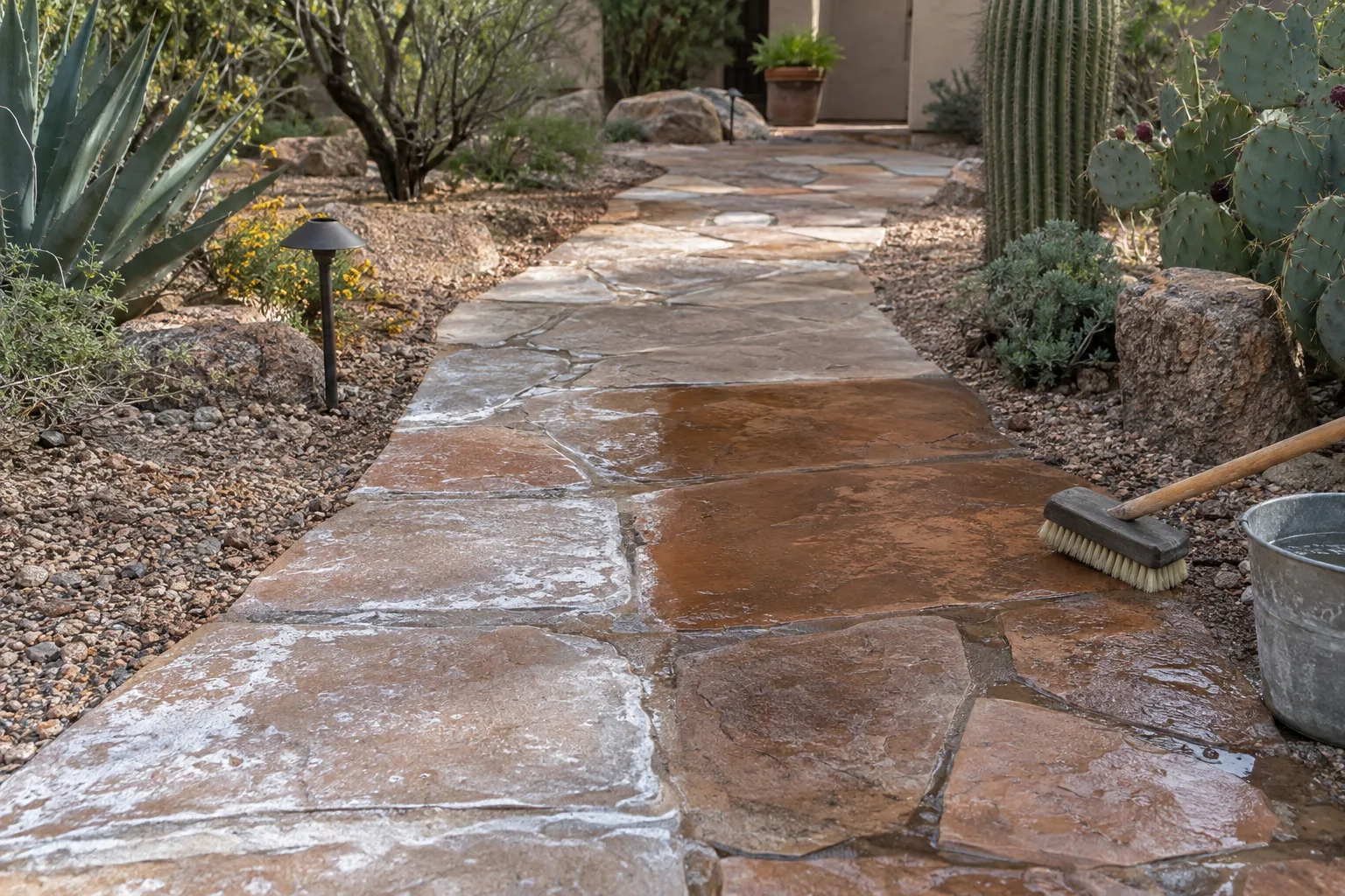 Flagstone walkway with half the white hard-water crust scrubbed away beside a stiff brush