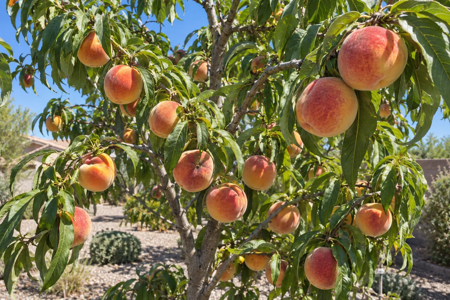 Flordaprince peach tree with ripe yellow peaches blushed and streaked red