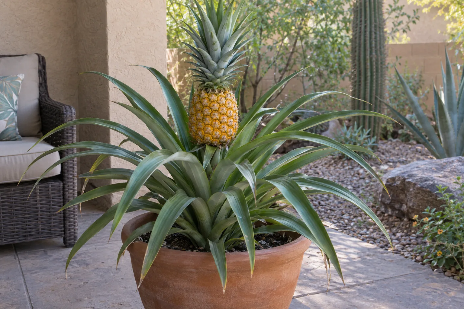 Florida Special pineapple plant with a rosette of green leaves and one ripe golden fruit in a patio pot