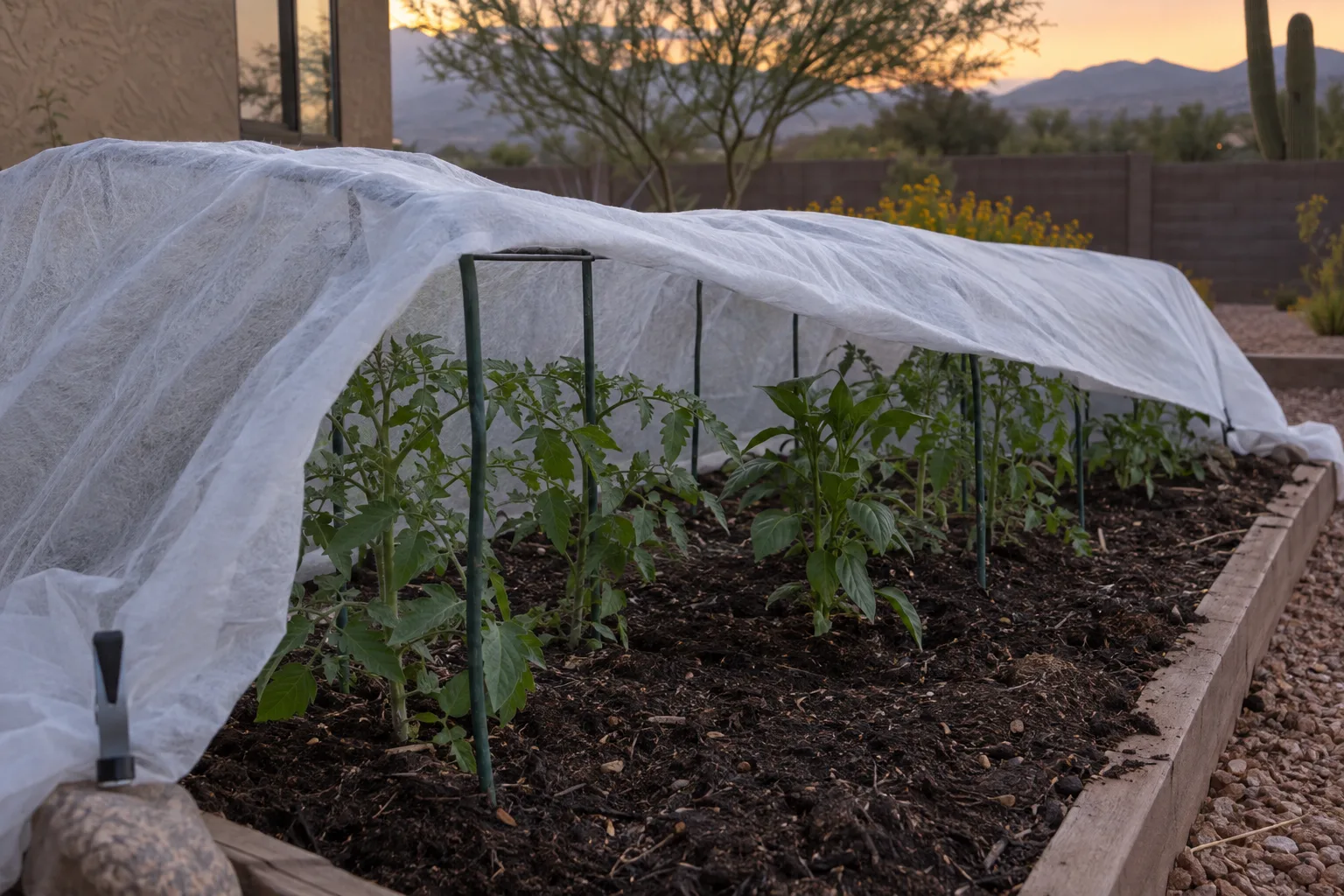 Frost cloth covering tender seedlings in a backyard garden bed before a cold night