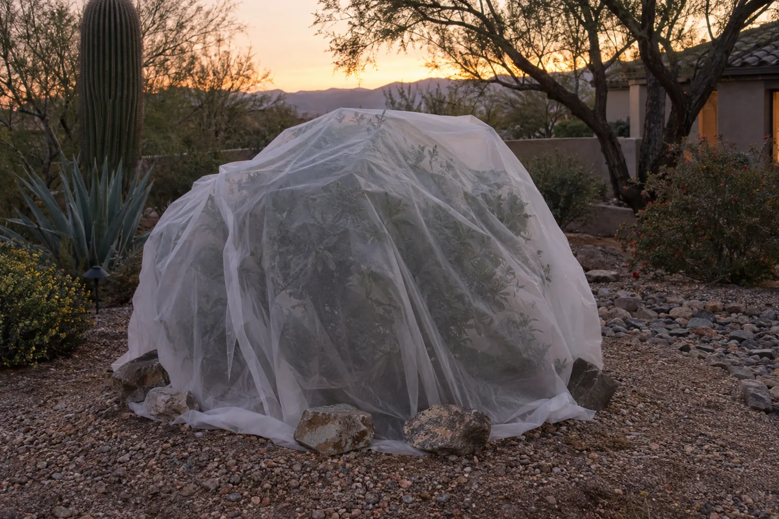White frost cloth covering a young shrub, anchored with rocks, in a Queen Creek yard