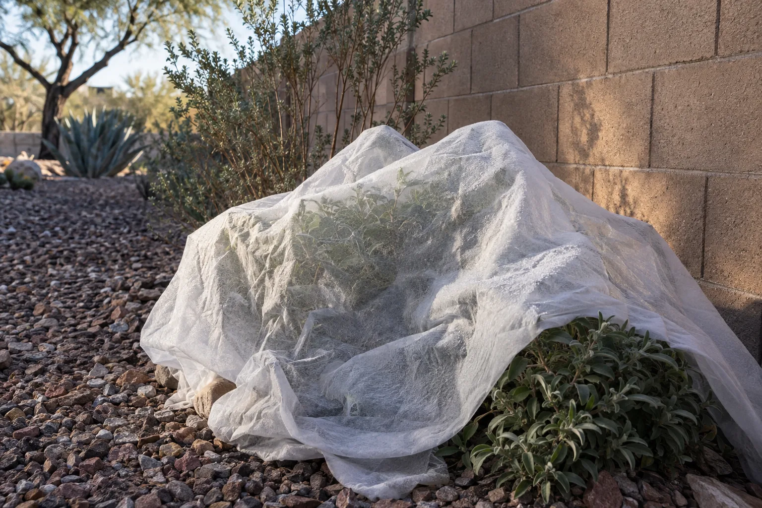 White frost cloth covering low garden plants beside a block wall in a Queen Creek yard