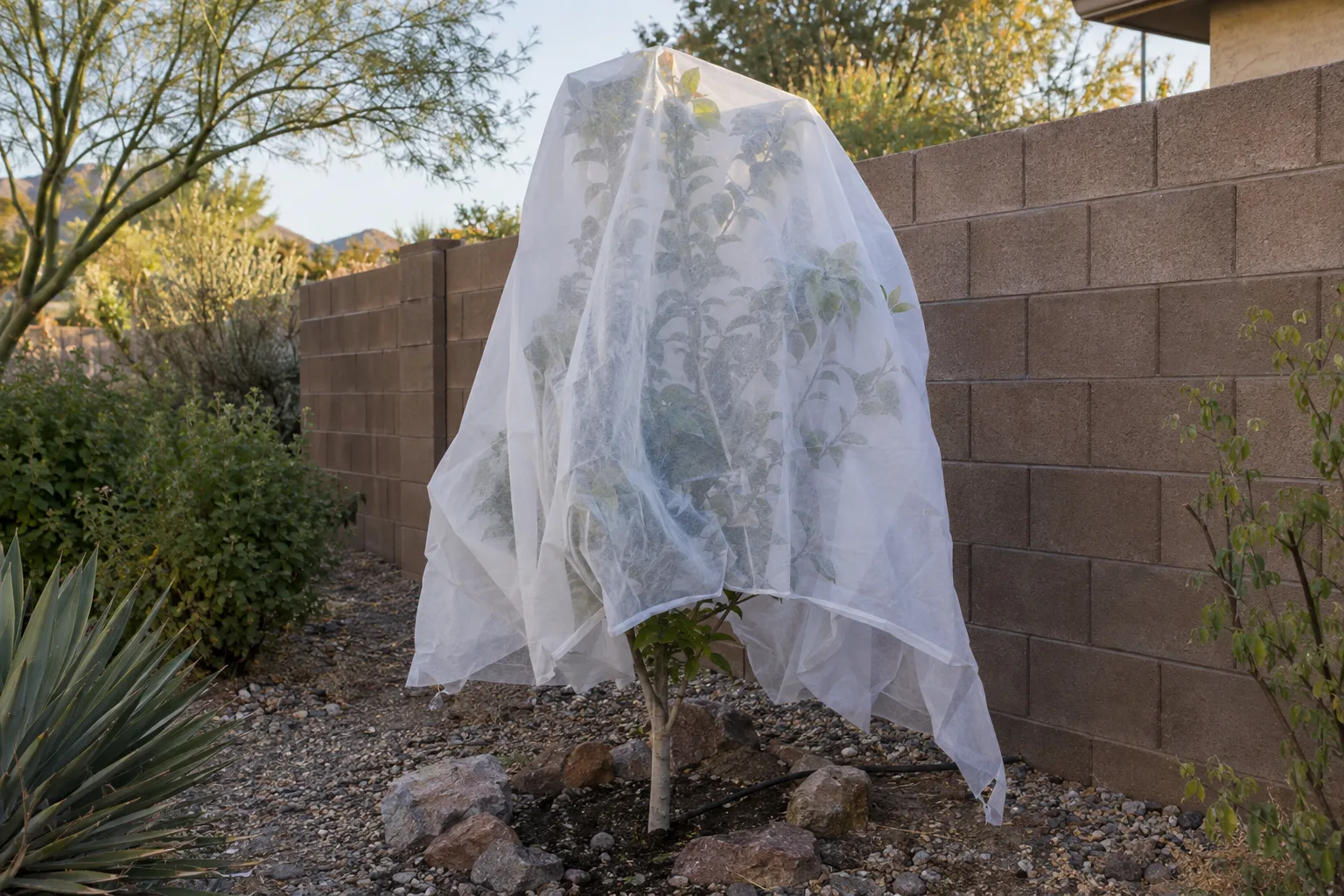 Young fruit tree covered with frost cloth beside a block wall on a cold night