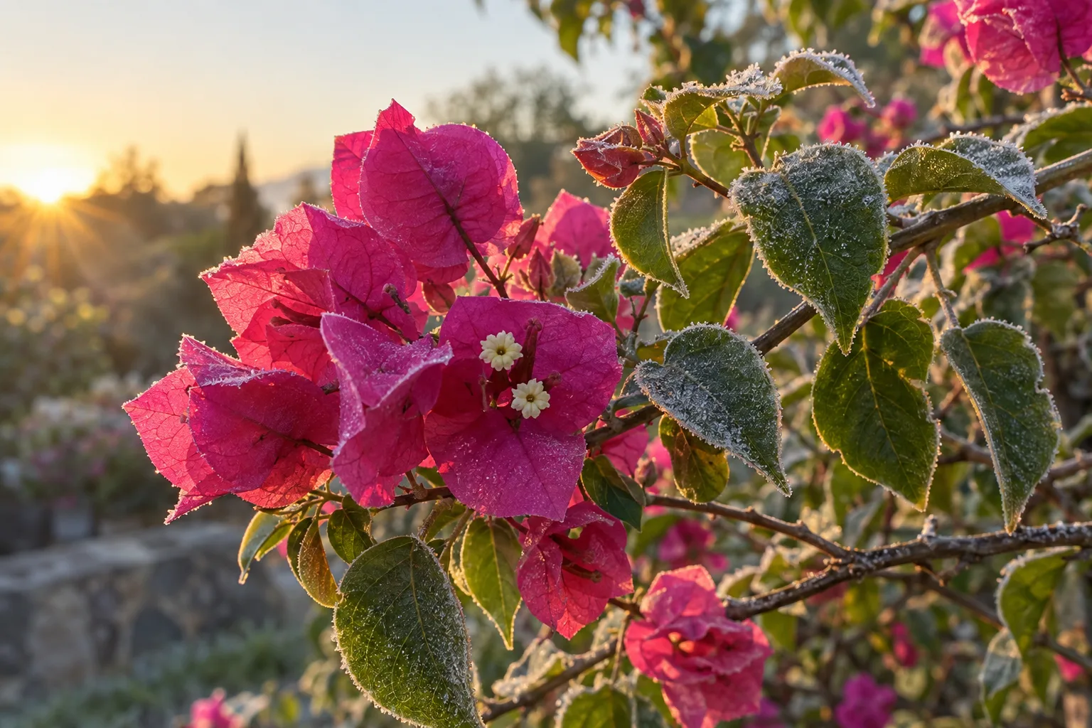 Frost crystals on bougainvillea leaves at sunrise in a low desert backyard