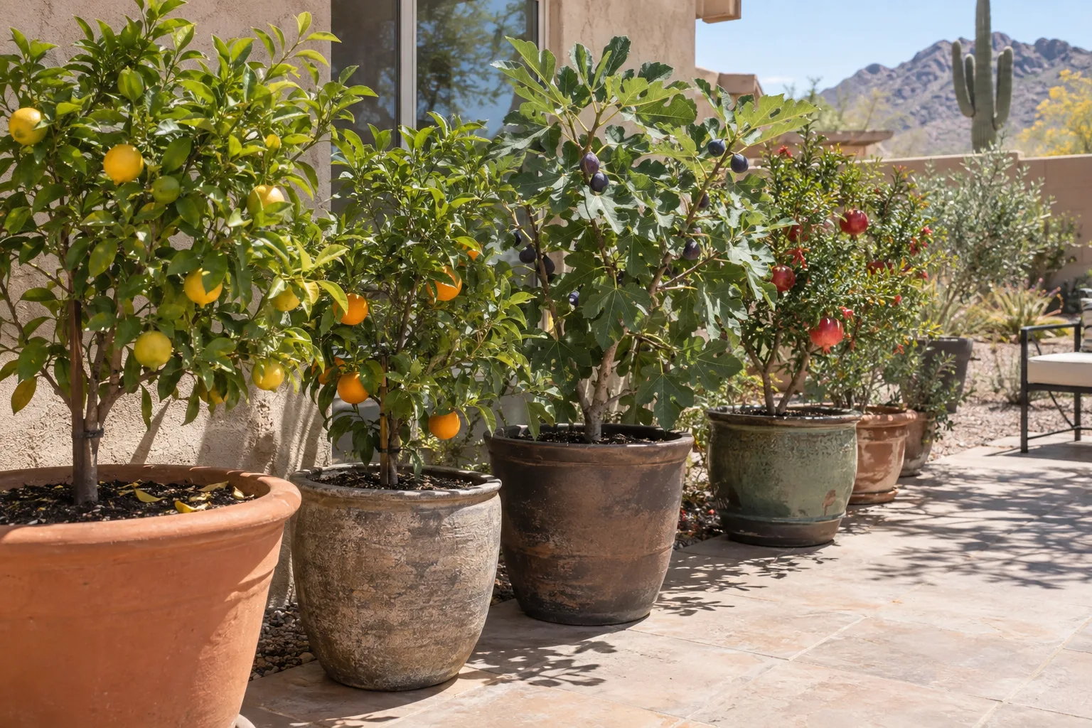 Potted fruit trees in light-colored containers lined up on a sunny desert patio