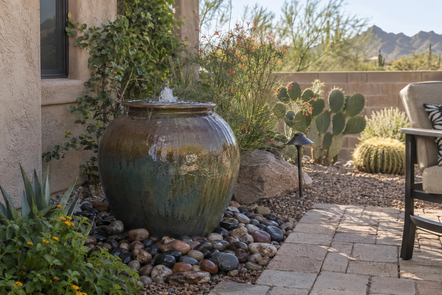 Glazed ceramic container fountain bubbling on a shaded patio corner beside desert plants