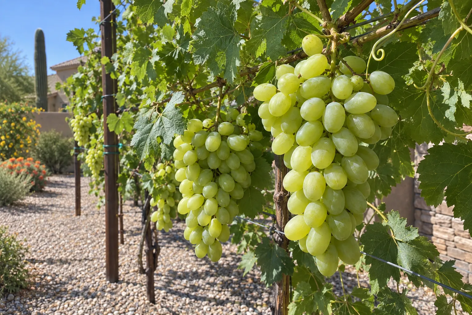 Princess seedless grape vine on a trellis with large clusters of plump pale green oval grapes