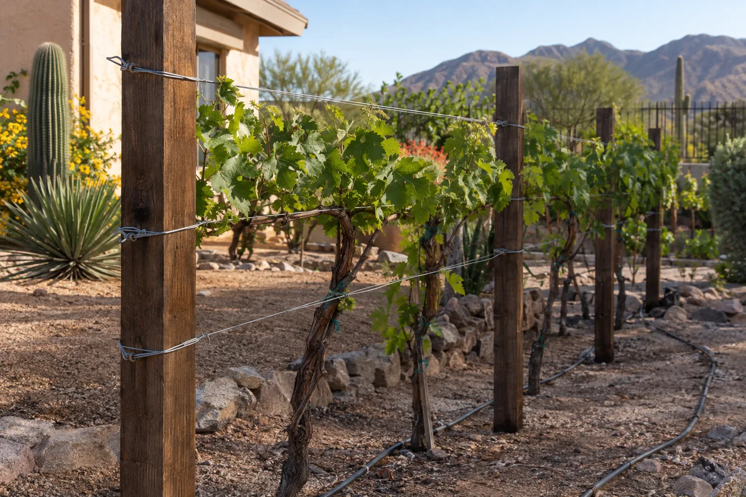 Grapevine canes tied to taut galvanized wires on a sturdy braced wooden trellis