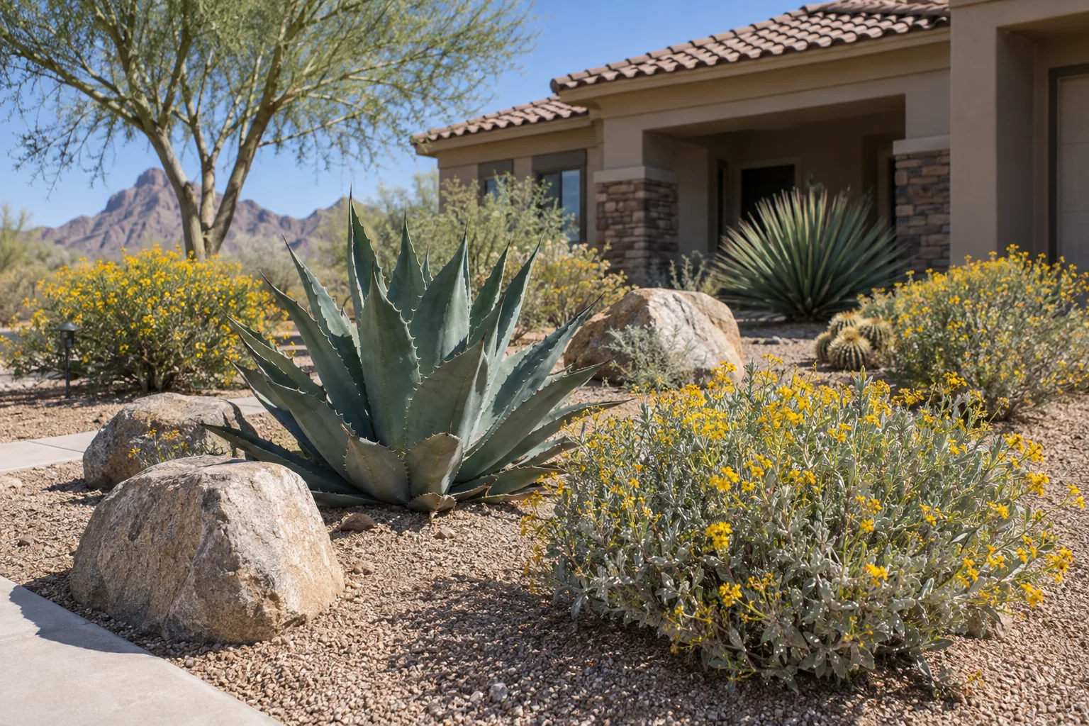 Desert-adapted front yard gravel garden with agave, brittlebush and boulders over tan decomposed granite