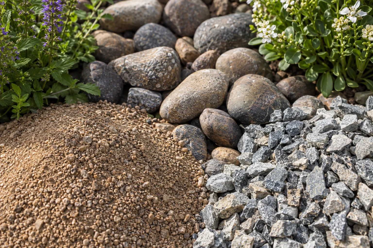 Side-by-side samples of decomposed granite, river rock and crushed granite on a flat surface