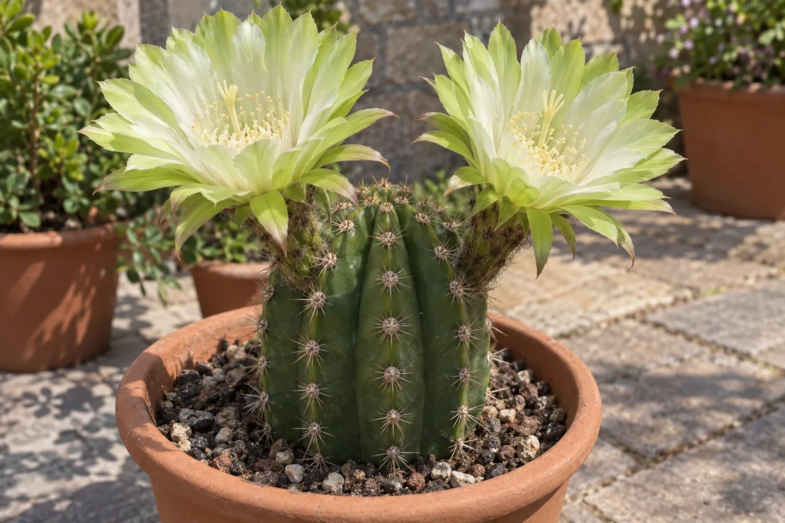 Green Apple Snap cactus with a ribbed green stem and large pale green-cream flowers in a terracotta pot