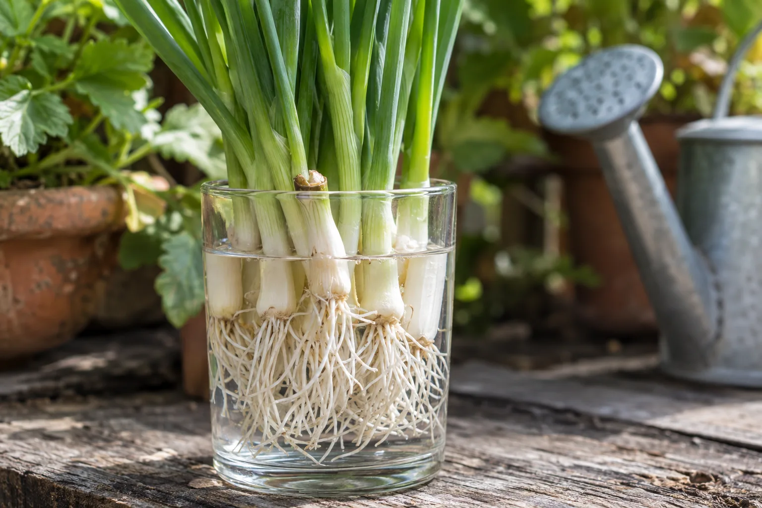 Green onion roots in clear water with fresh green shoots growing upward